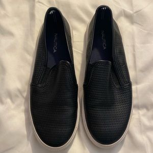 Nautical Black Leather Slip On Sneakers